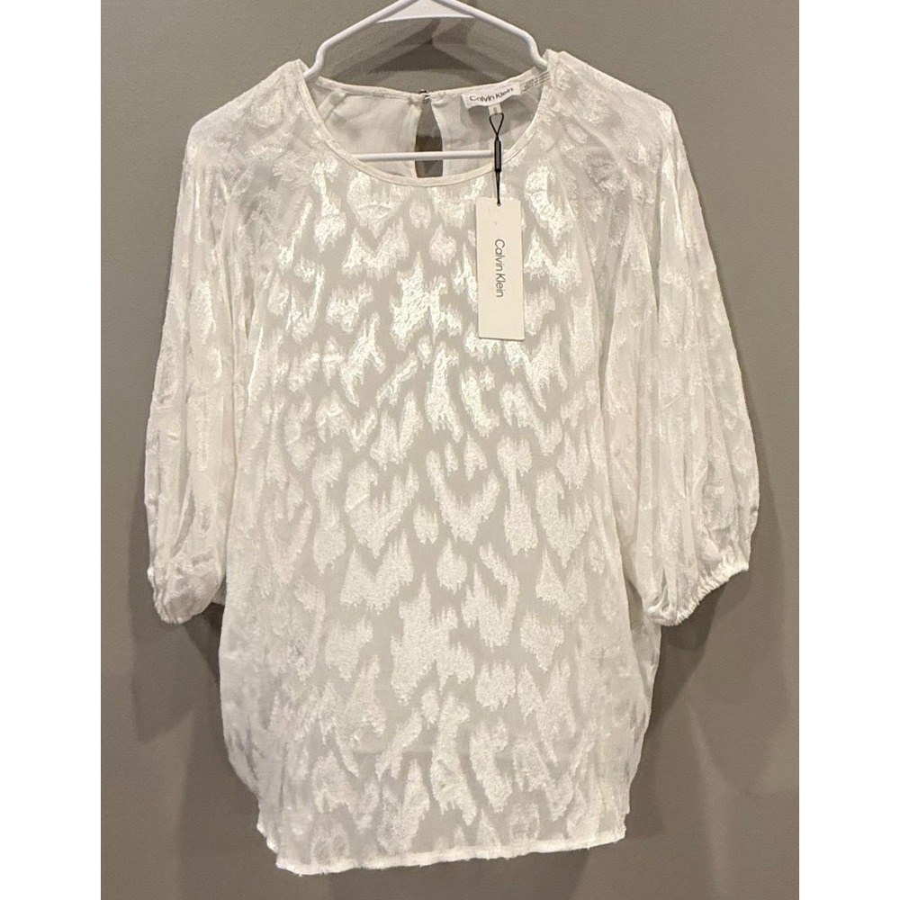 Calvin Klein Women's M White Textured Jacquard Blouse Puff 3/4 Sleeve NWT
